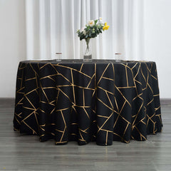 Polyester 120" Round Tablecloth Black with Gold Foil Geometric Pattern Wrinkle-Resistant Seamless Table Cover
