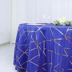 Polyester 120" Round Tablecloth Royal with Gold Foil Geometric Pattern Wrinkle-Resistant Seamless Table Cover