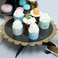 1-Tier Cardboard Cake Stand Black - Stylish Reusable Cupcake Dessert Holder with Gold Scalloped Rim for Baby Showers Birthdays & Events 13"