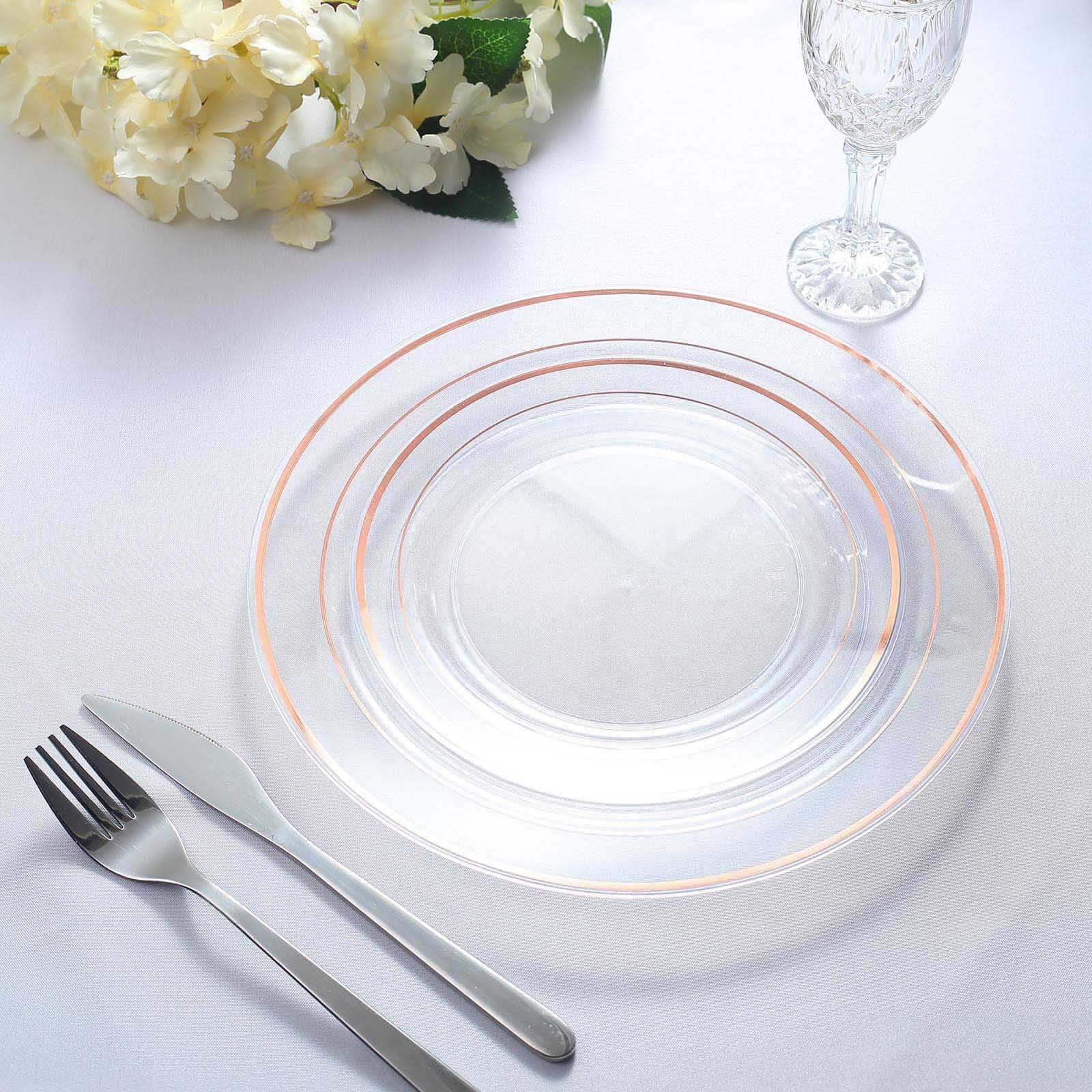 10-Pack Plastic Dinner Plates Clear with Très Chic Rose Gold Rim - Perfect Disposable Party Plates 10"