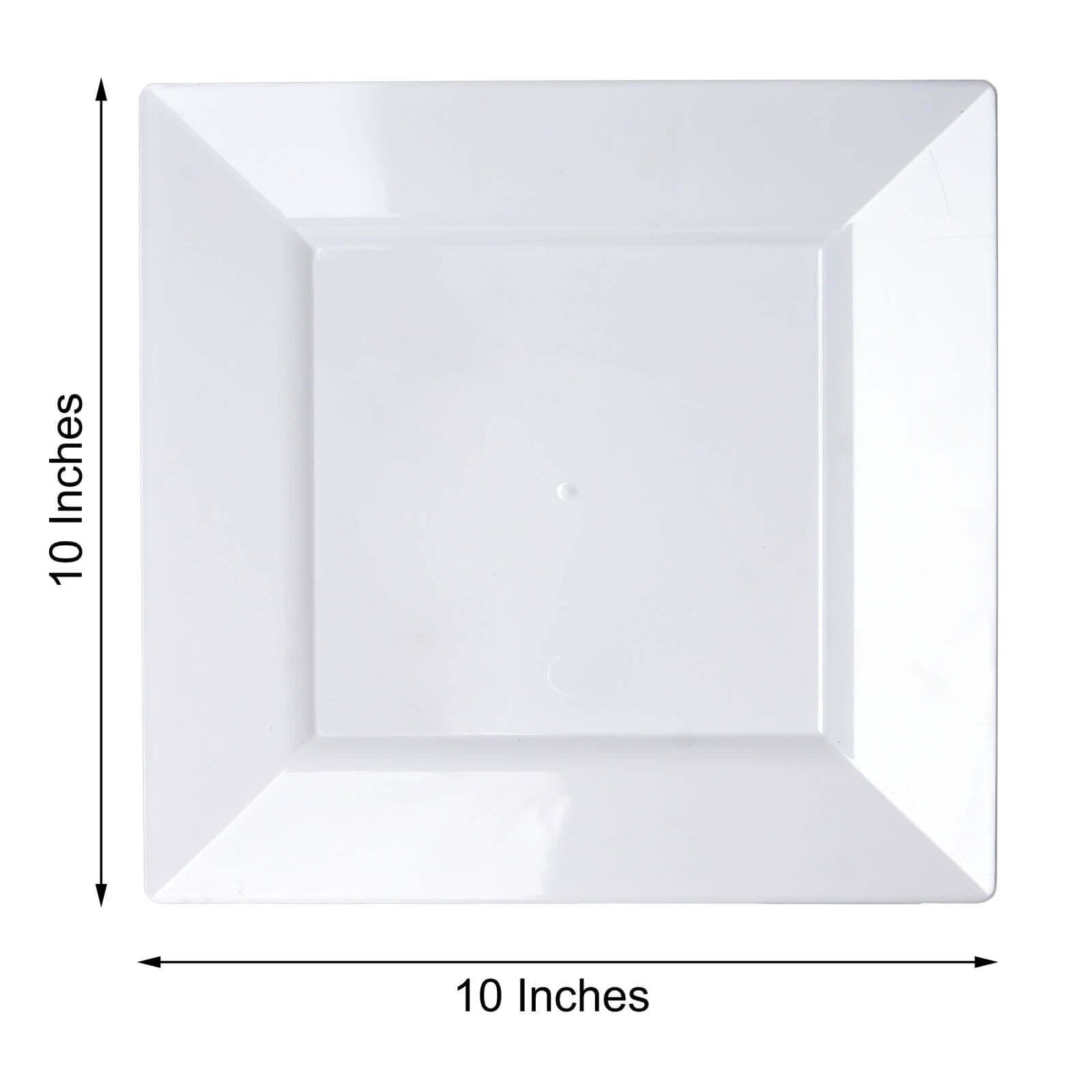 10-Pack Plastic Dinner Plates Glossy White Square with Wide Rim - Sturdy Disposable Party Plates 10"