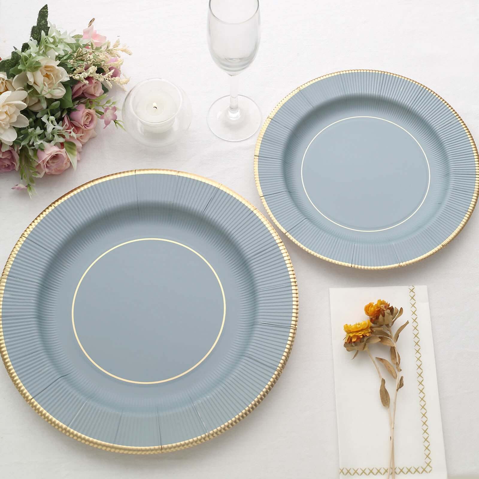 25-Pack Paper 10" Round Dinner Plates in Dusty Blue Sunray Design with Gold Rim - Disposable Heavy Duty 350GSM Party Plates