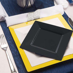 10-Pack Plastic Dinner Plates Glossy Black Square with Wide Rim - Sturdy Disposable Party Plates 10"
