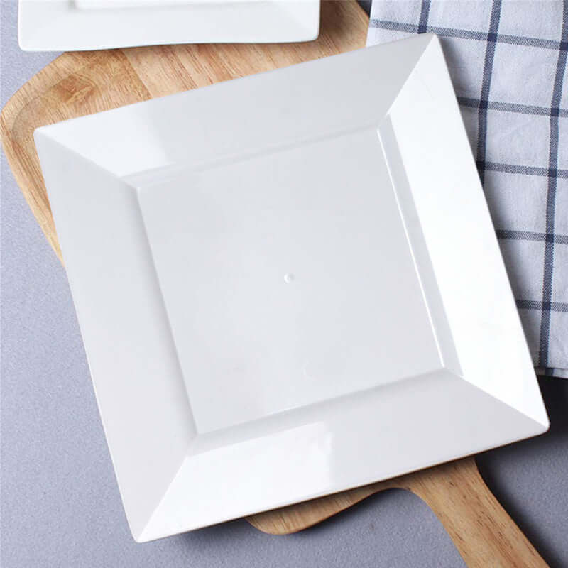 10-Pack Plastic Dinner Plates Glossy White Square with Wide Rim - Sturdy Disposable Party Plates 10"