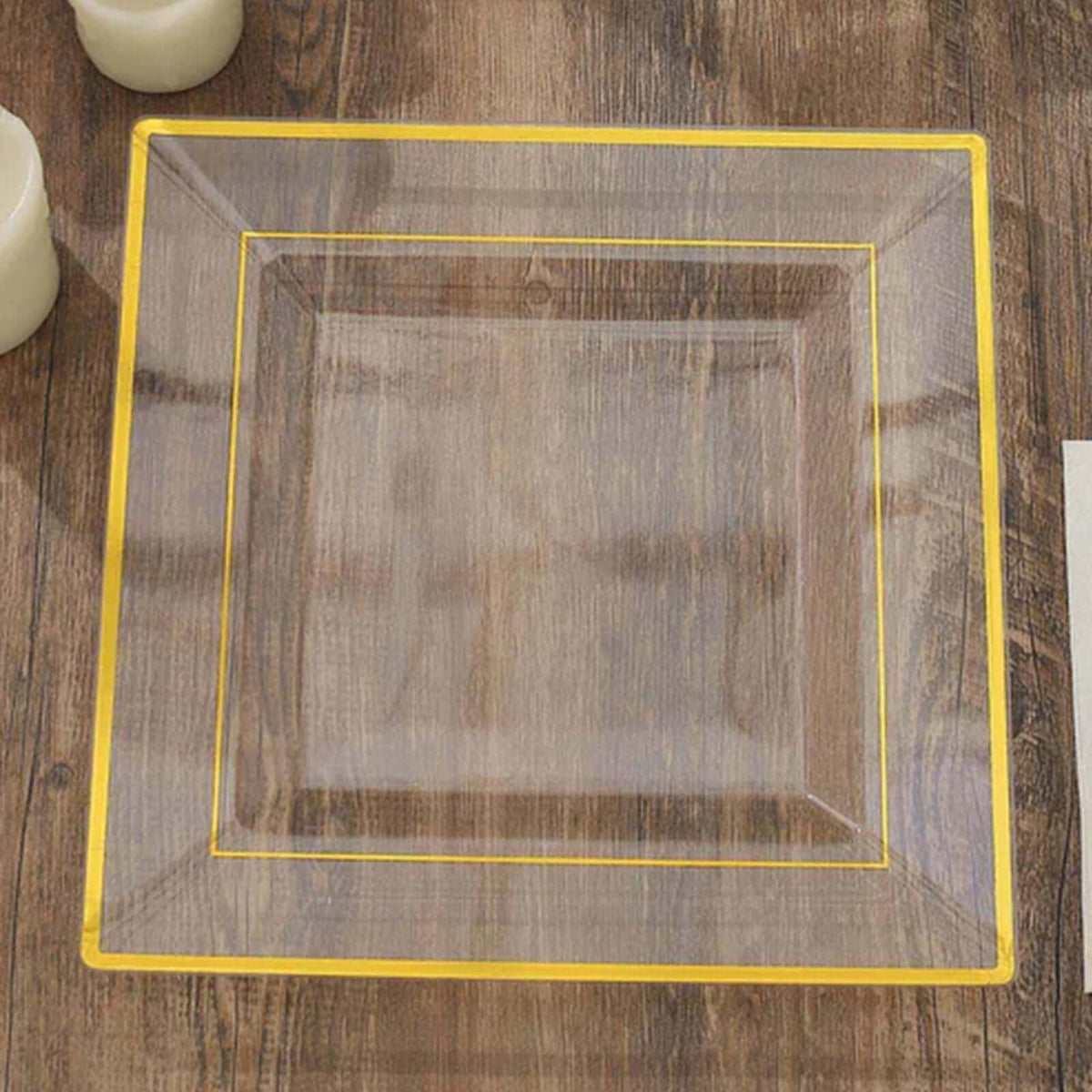 10 Pack 10" Gold Trim Clear Square Disposable Dinner Plates, Plastic Party Plates