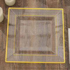 10 Pack 10" Gold Trim Clear Square Disposable Dinner Plates, Plastic Party Plates