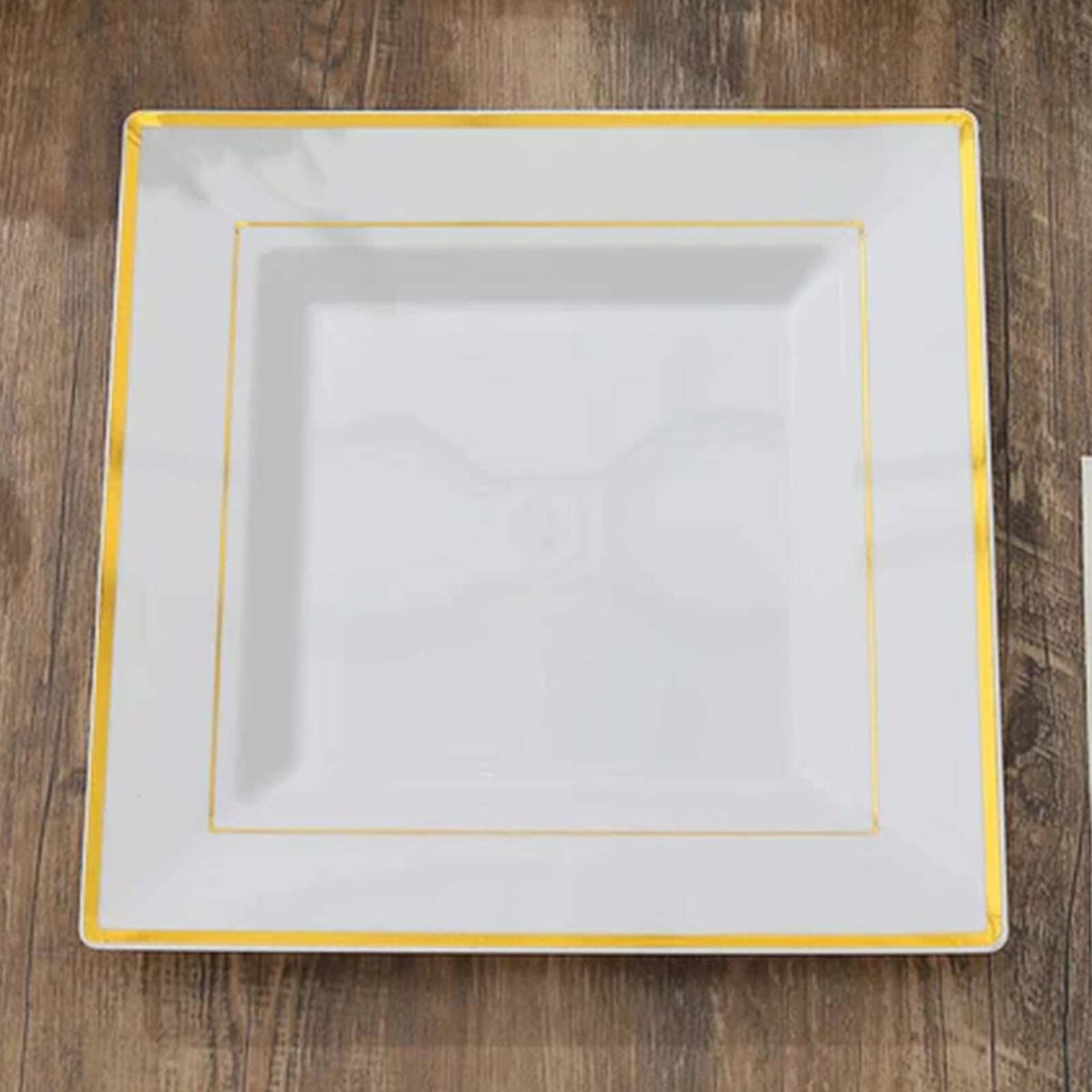 10-Pack Plastic Dinner Plates White Square with Gold Trim - Lightweight Disposable Plates for Events 10"