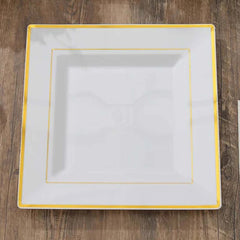 10-Pack Plastic Dinner Plates White Square with Gold Trim - Lightweight Disposable Plates for Events 10"