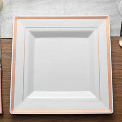 10-Pack Plastic Dinner Plates White Square with Rose Gold Trim - Lightweight Disposable Plates for Events 10"