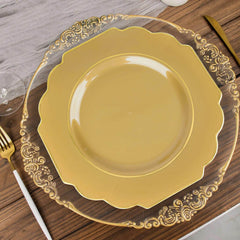 10-Pack Plastic Dinner Plates in Gold Baroque Design with Scalloped Gold Rim - Heavy Duty Disposable Party Plates for Events & Banquets 11"