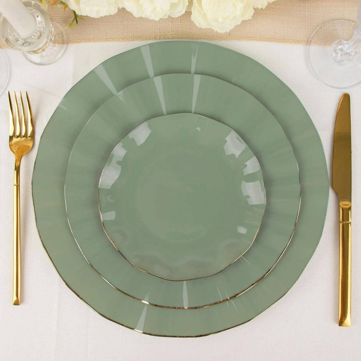 10-Pack Plastic Round 6" Dessert Plates in Dusty Sage Green Ruffled Rim with Gold Edging - Sturdy Disposable Salad Appetizer Dinnerware