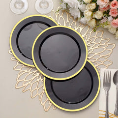10-Pack Plastic 7" Round Appetizer Plates in Black with Gold Rim - Sleek Disposable Salad Plates for Banquets & Special Occasions