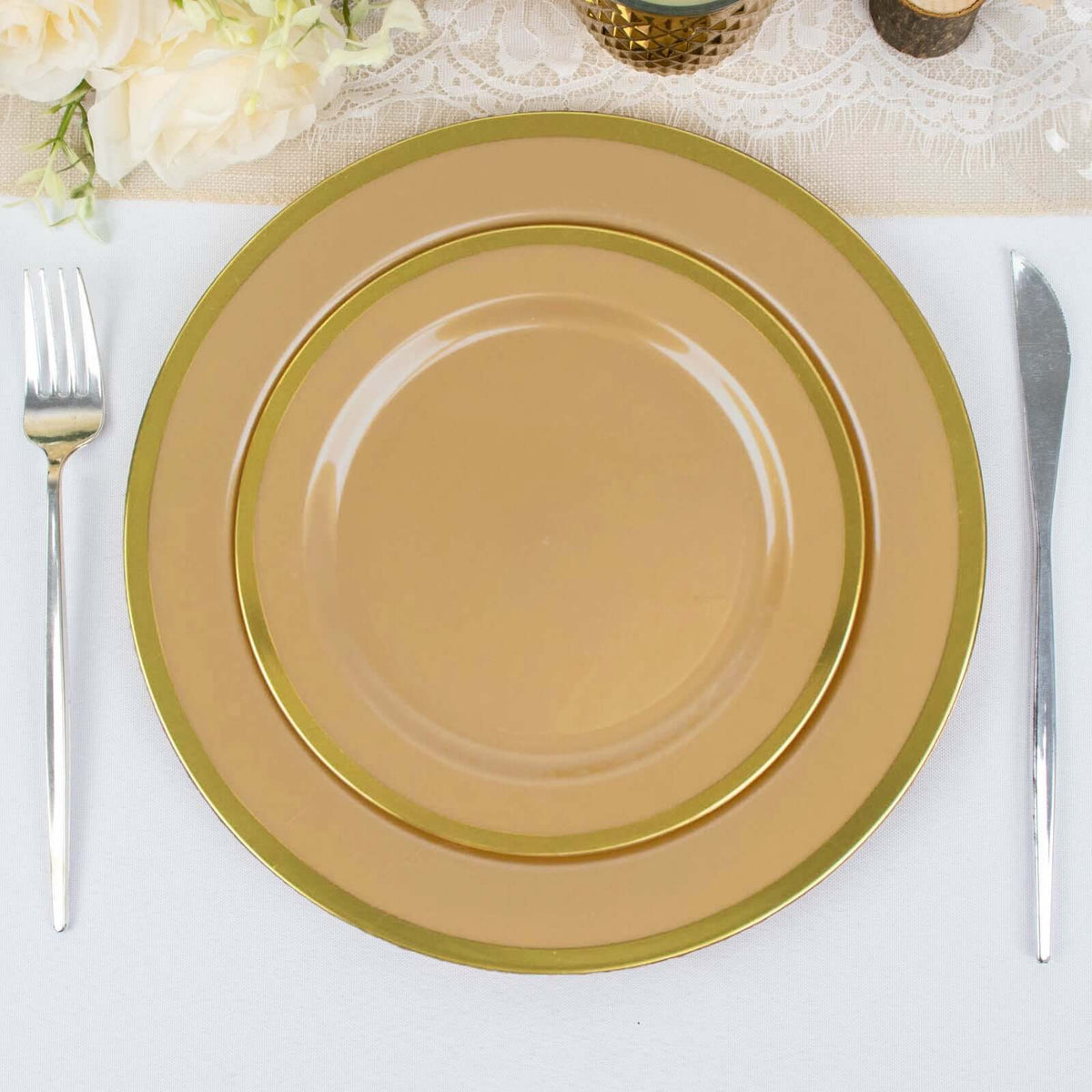 10-Pack Plastic 7" Round Appetizer Plates in Gold with Gold Rim - Sleek Disposable Salad Plates for Banquets & Special Occasions