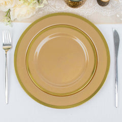 10-Pack Plastic 7" Round Appetizer Plates in Gold with Gold Rim - Sleek Disposable Salad Plates for Banquets & Special Occasions