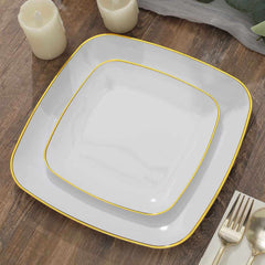 10-Pack Plastic 7" Square Dessert Plates in White with Gold Rim - Classy Disposable Appetizer Salad Plates for Weddings & Special Events