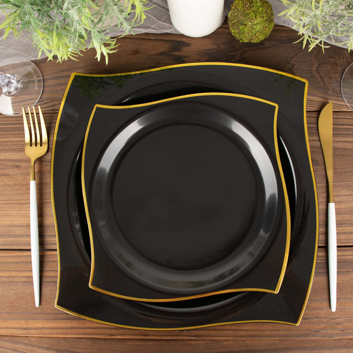 10-Pack Plastic 8" Square Dessert Plates in Black with Gold Wavy Rim Modern - Disposable Salad Appetizer Party Plates