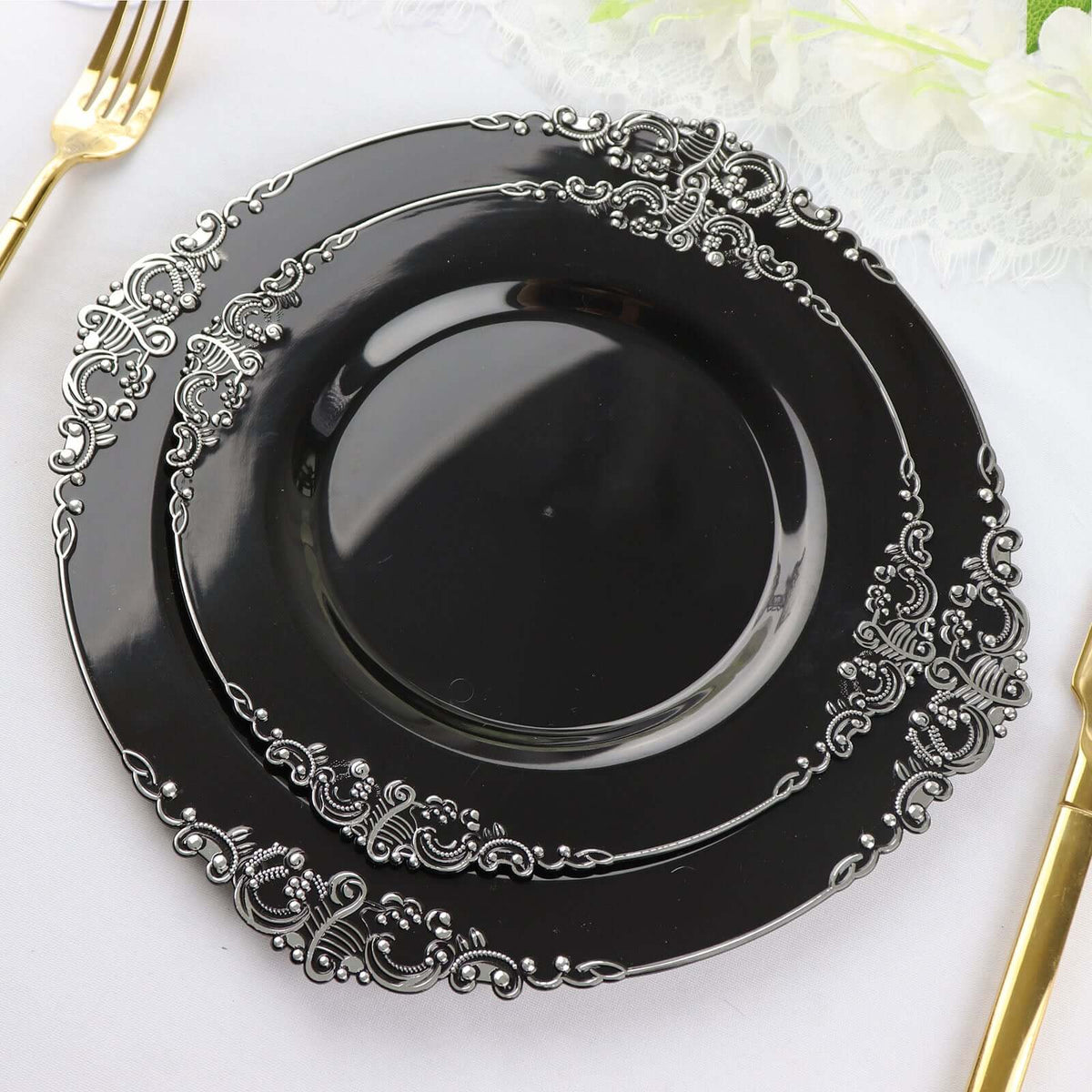 10-Pack Plastic 8" Round Dessert Plates in Black with Silver Leaf Embossed Rim - Disposable Vintage Baroque Style Salad Plates