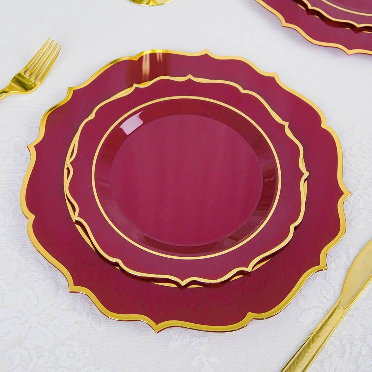 10-Pack Plastic 8" Round Desert Plates in Burgundy with Gold Scalloped Rim - Disposable Appetizer/Salad Plates
