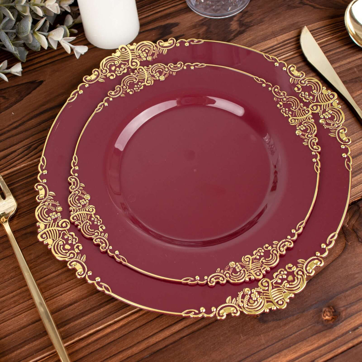 10-Pack Plastic 8" Round Dessert Plates in Burgundy with Gold Leaf Embossed Rim - Disposable Vintage Baroque Style Salad Plates for Luxurious Gatherings & Events