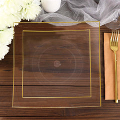 10-Pack Plastic 8" Square Dessert Plates in Clear Concave Style with Gold Rim - Modern Disposable Salad Appetizer Party Plates
