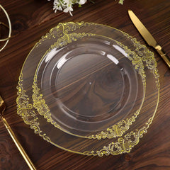 10-Pack Plastic 8" Round Dessert Plates in Clear with Gold Leaf Embossed Rim - Disposable Vintage Baroque Style Salad Plates