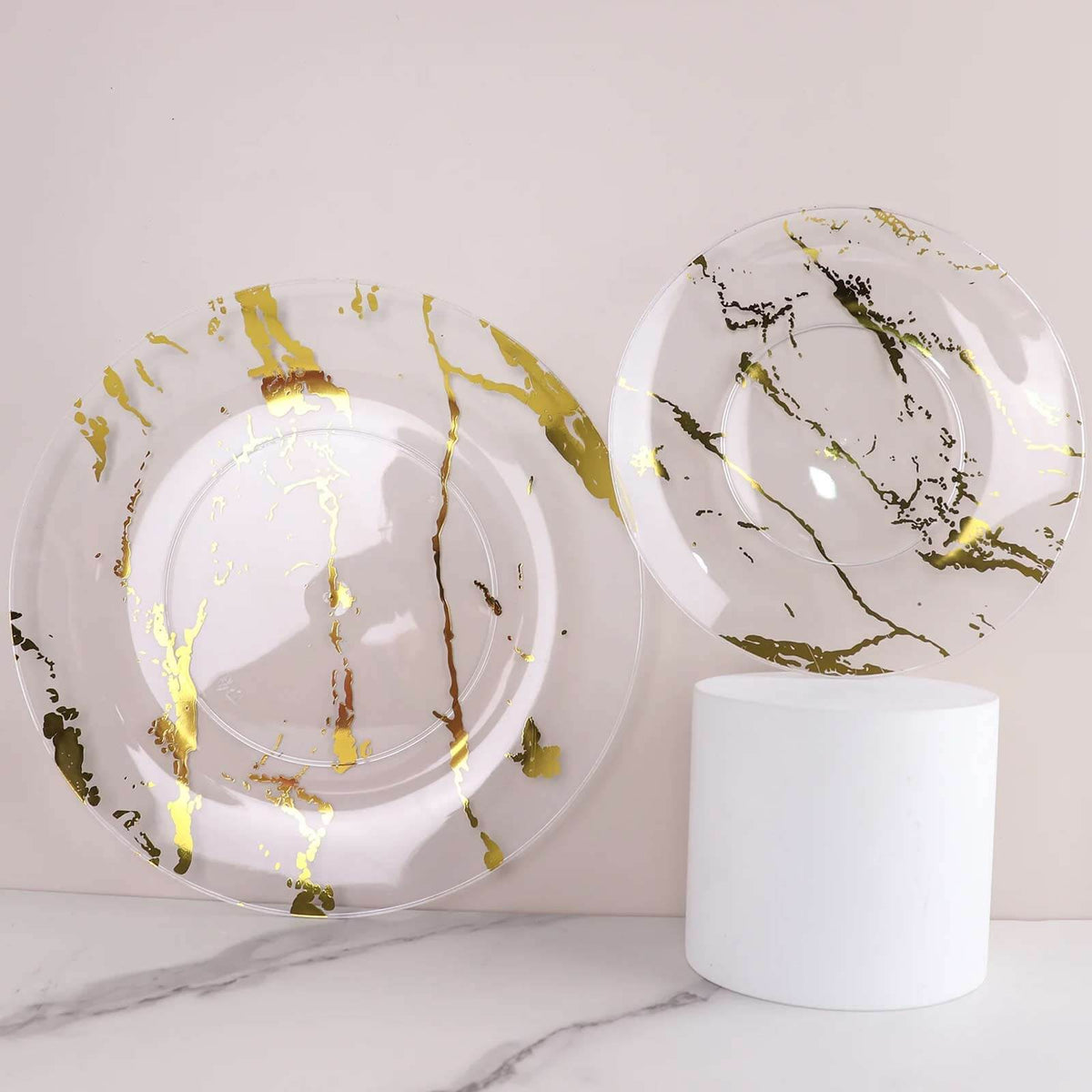 10-Pack Plastic 8" Round Dessert Plates in Clear with Gold Marble Print - Disposable Appetizer/Salad Plates for Chic Banquets & Special Occasions