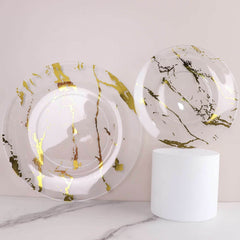 10-Pack Plastic 8" Round Dessert Plates in Clear with Gold Marble Print - Disposable Appetizer/Salad Plates for Chic Banquets & Special Occasions