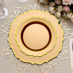 10-Pack Plastic 8" Round Desert Plates in Gold with Gold Scalloped Rim - Disposable Appetizer/Salad Plates