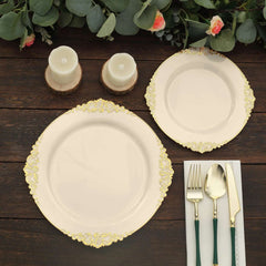 10-Pack Plastic 8" Round Dessert Plates in Ivory with Gold Leaf Embossed Rim - Disposable Vintage Baroque Style Salad Plates