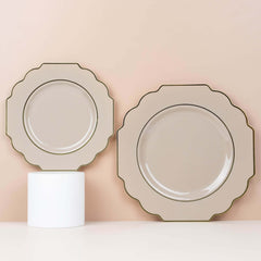 10-Pack Plastic Dessert Appetizer Plates in Taupe Baroque Design with Scalloped Gold Rim - Heavy Duty Disposable Salad Plates 8"