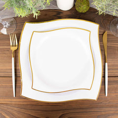 10-Pack Plastic 8" Square Dessert Plates in White with Gold Wavy Rim Modern - Disposable Salad Appetizer Party Plates for Luxe Events & Banquets