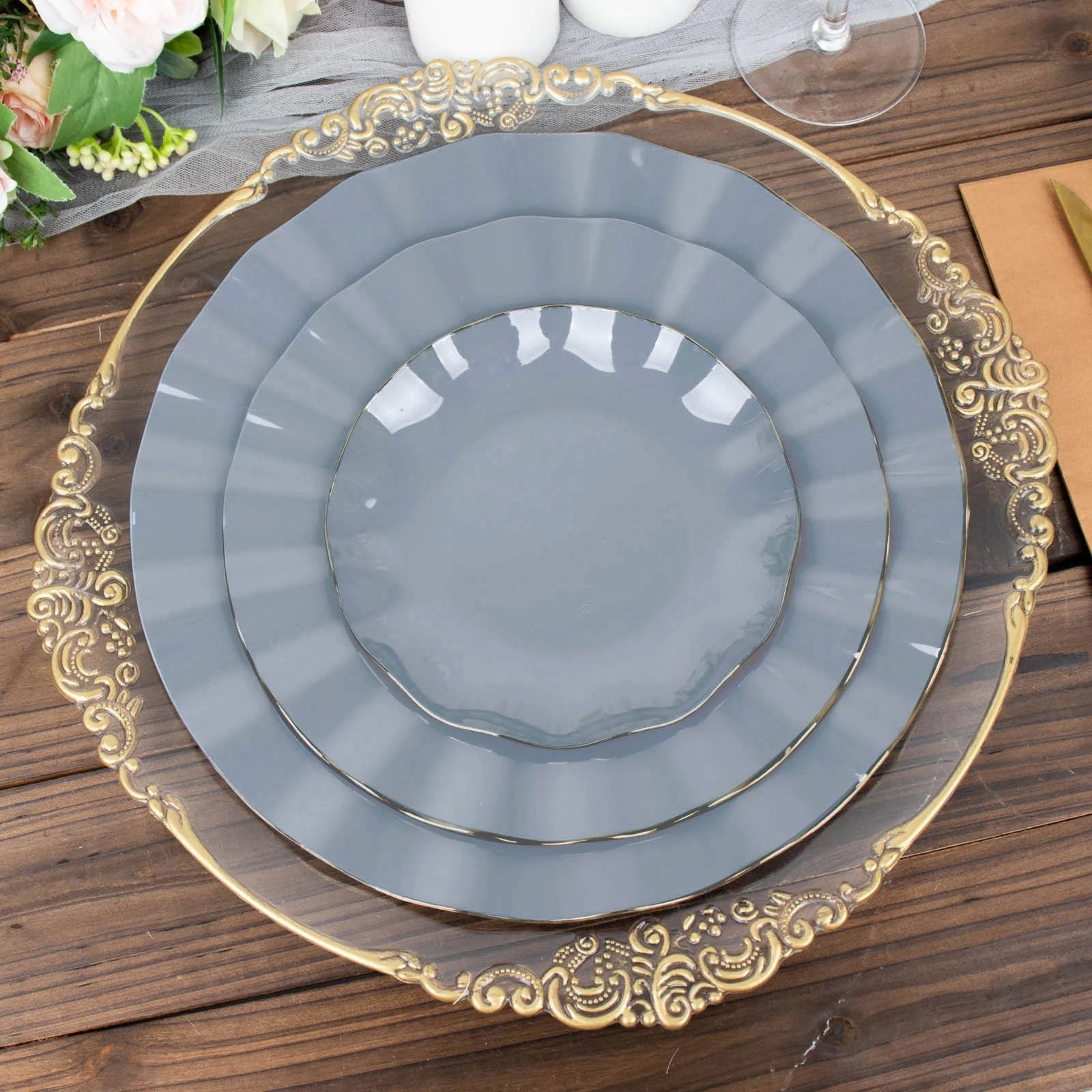 10-Pack Plastic 9" Round Dinner Plates in Dusty Blue Ruffled Rim with Gold Edging - Sturdy Disposable Dinnerware