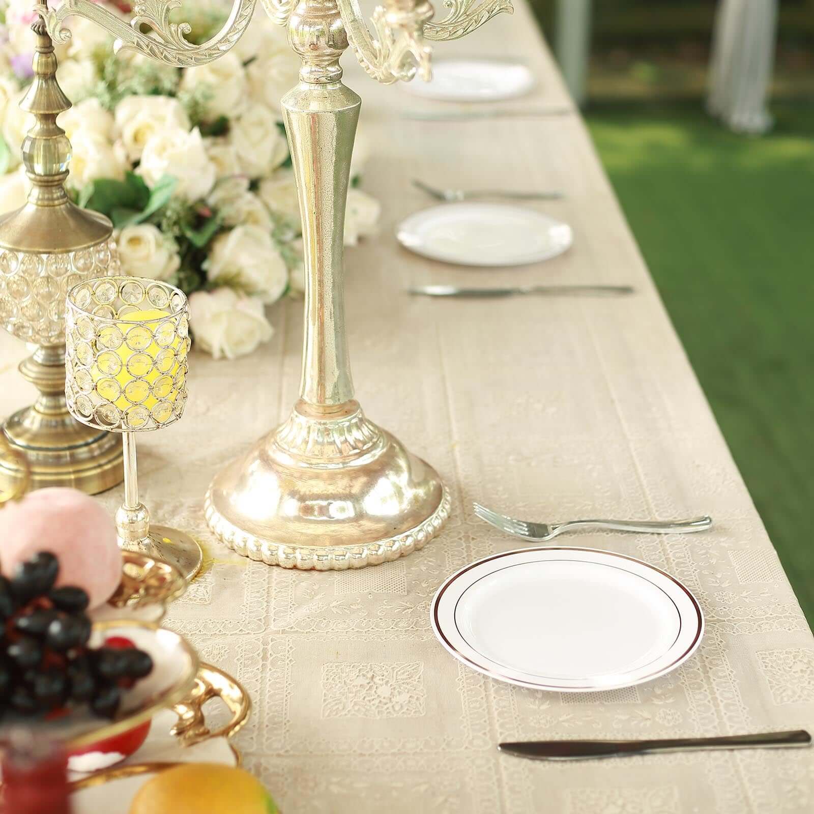 10-Pack Plastic Dessert Plates White with Très Chic Rose Gold Rim - Disposable Plates for Parties 8"