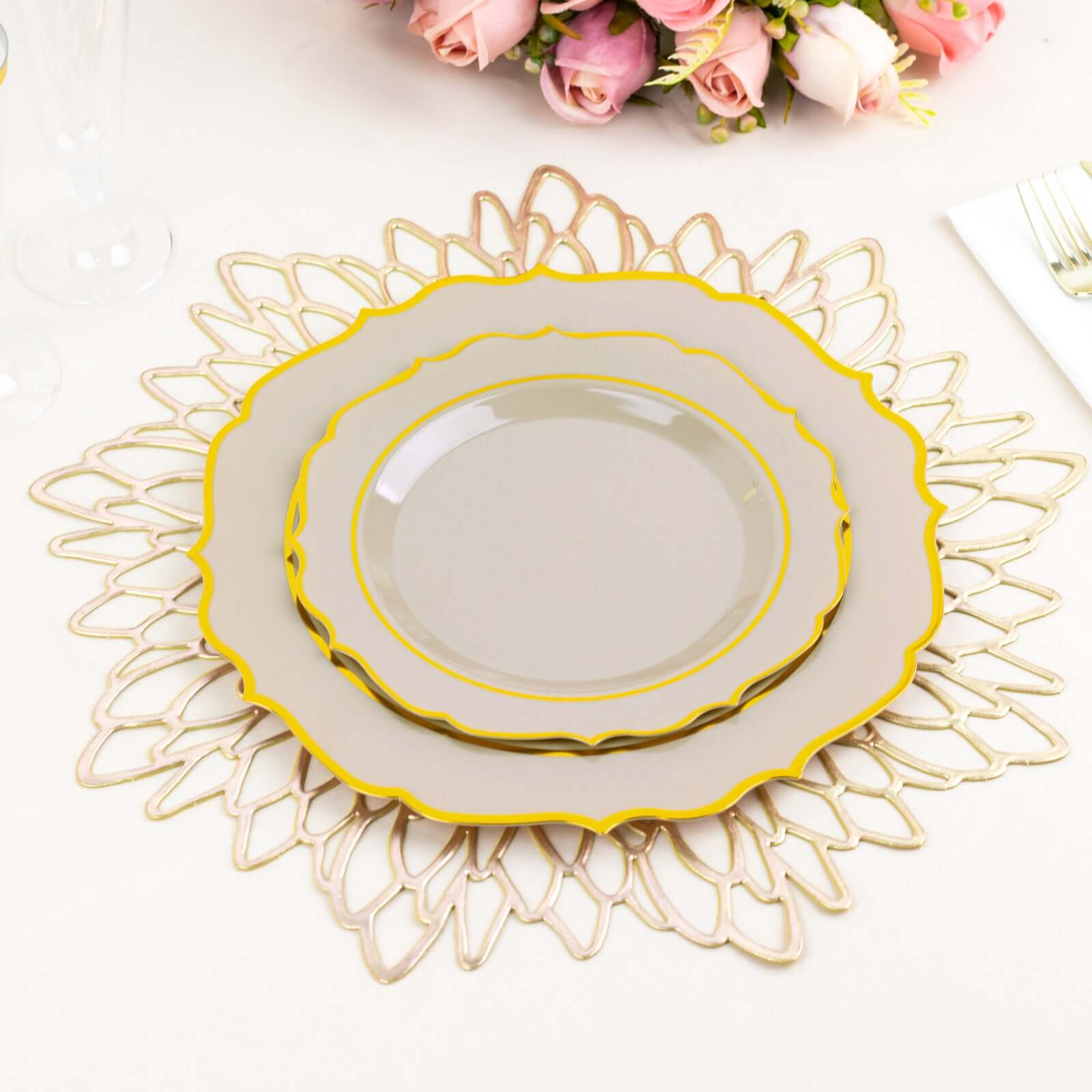 10-Pack Plastic 8" Round Desert Plates in Taupe with Gold Scalloped Rim - Disposable Appetizer/Salad Plates