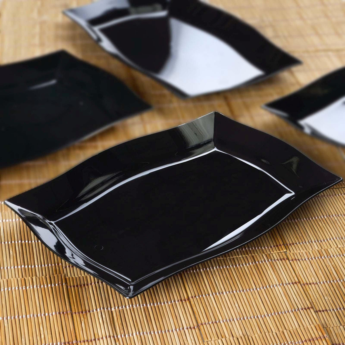 10-Pack Serving Plates Rectangular Design with Wave Trimmed Rim Glossy Black - Plastic Disposable Event Plates 12"