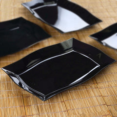 10-Pack Serving Plates Rectangular Design with Wave Trimmed Rim Glossy Black - Plastic Disposable Event Plates 12"