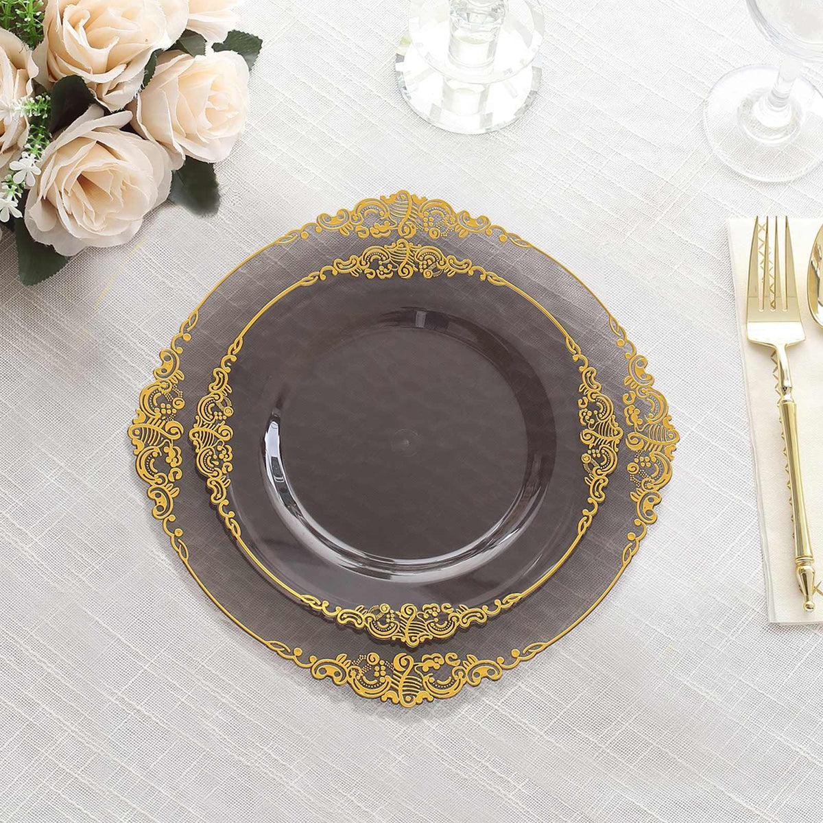 10-Pack Plastic 8" Round Dessert Plates in Transparent Black with Gold Leaf Embossed Rim - Disposable Vintage Baroque Style Salad Plates