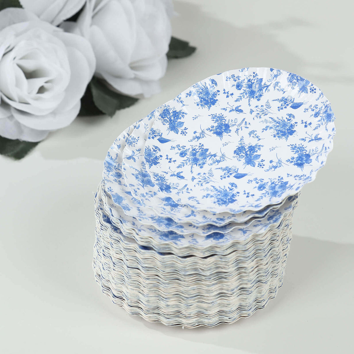 100-Pack Paper 3.5" Round Plates in White with Blue French Toile Design & Scalloped Rim - Disposable Mini 250GSM Dessert Party Plates for Tapas, Appetizers & Finger Foods