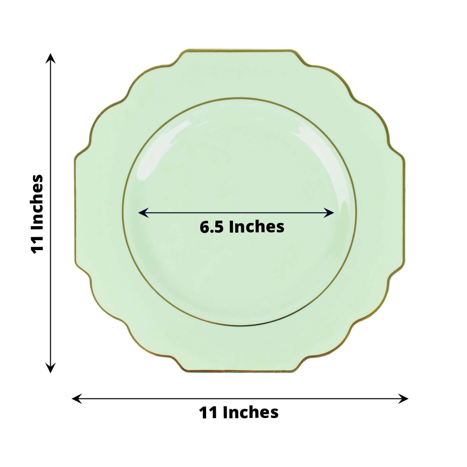 10-Pack Plastic Dinner Plates in Sage Green Baroque Design with Scalloped Gold Rim - Heavy Duty Disposable Party Plates 11"