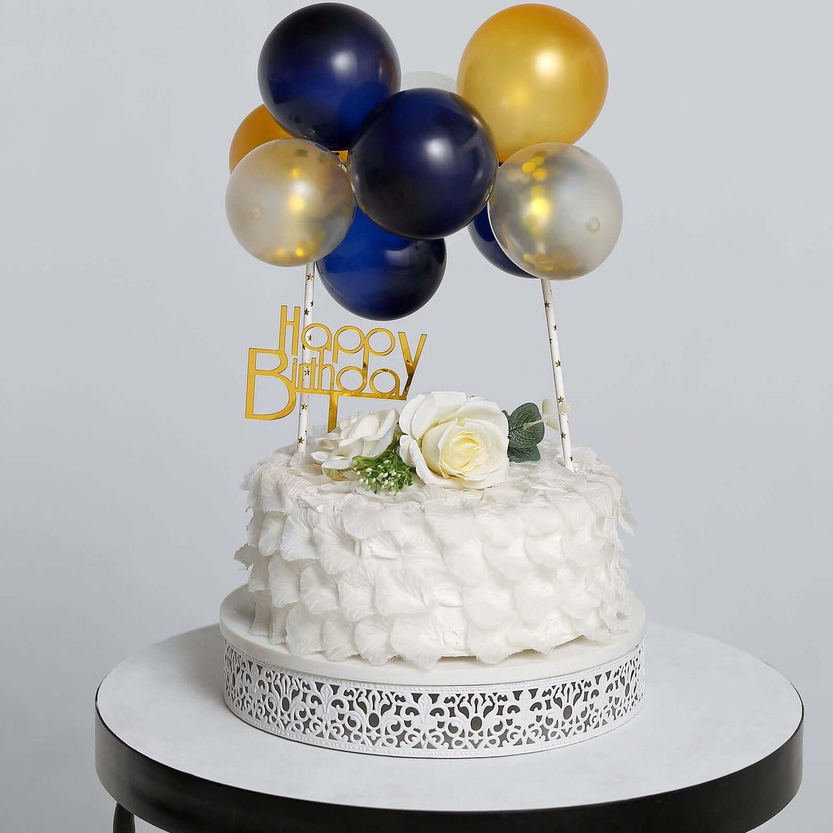 11 Pcs Balloon Cake Topper Clear, Gold and Navy Blue - Whimsical Clustered Mini Garland Cake Inserts DIY Party Decorations