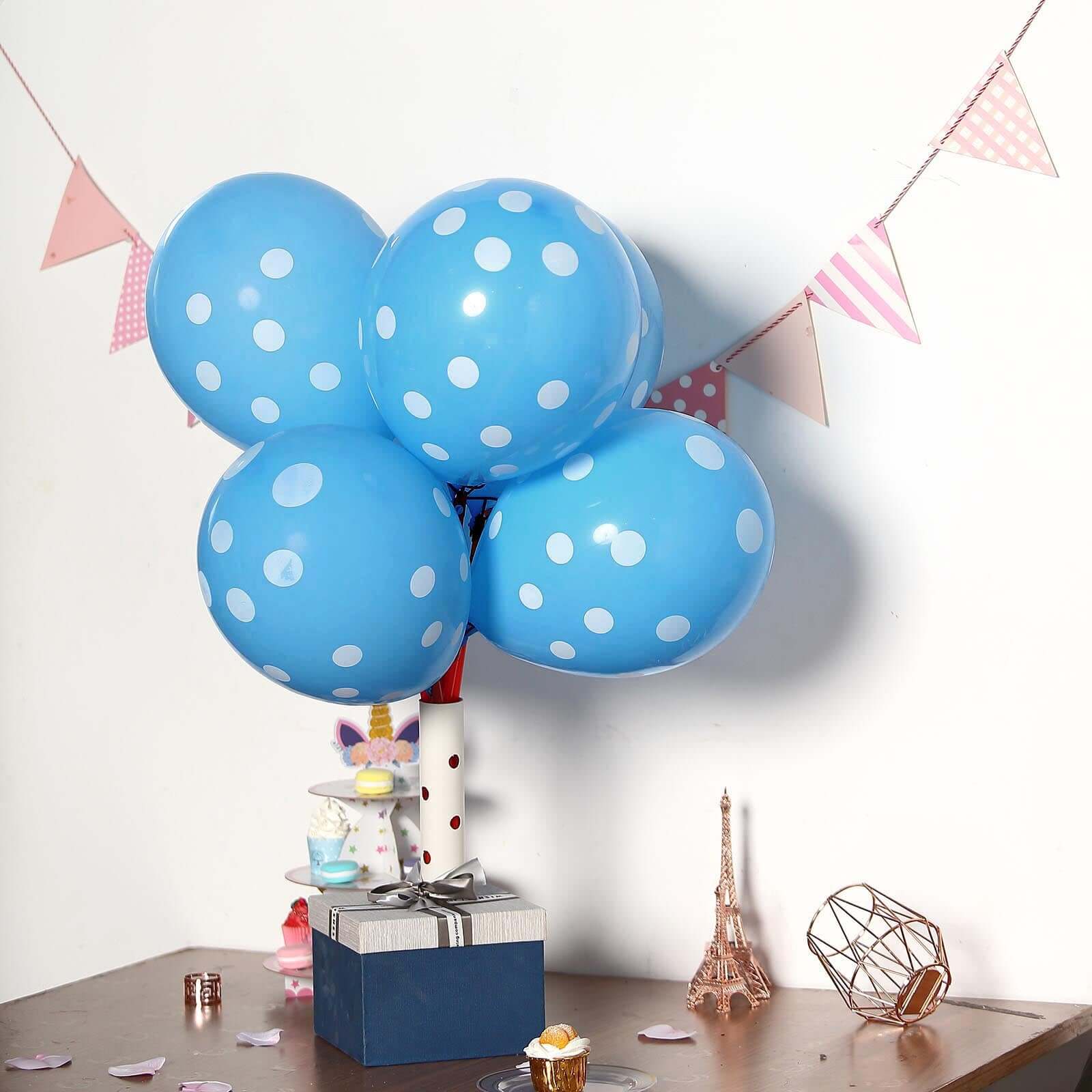 25 Pack 12" Blue and White Fun Polka Dot Latex Party Balloons