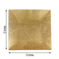 6-Pack Acrylic Square Charger Plates 12" in Gold with Embossed Wood Grain, Boho Chic Dinner Party Decor Charger Tableware