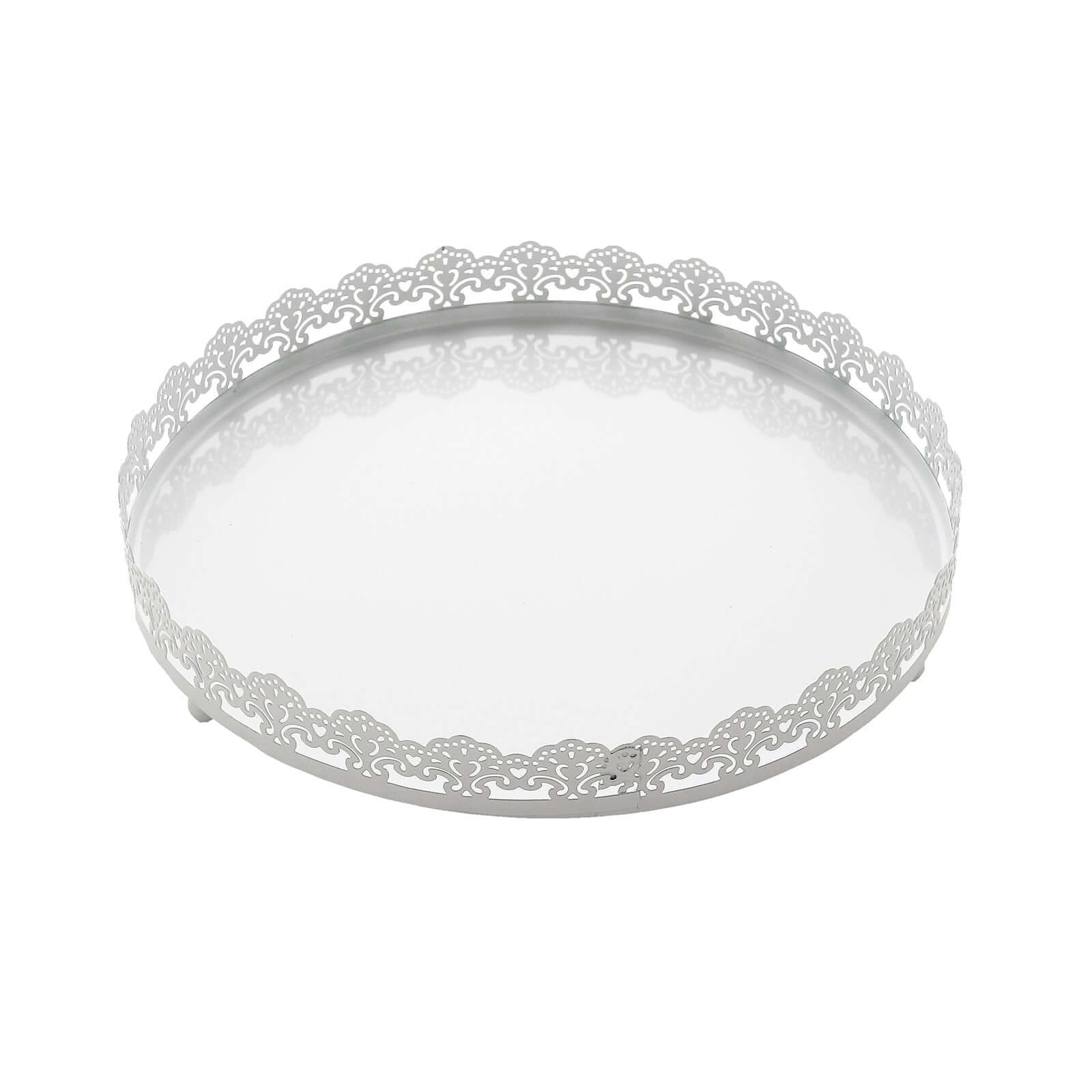 Metal Round Serving Tray 12" in White with Embellished Rims, Stylish Decorative Vanity Tray Centerpiece