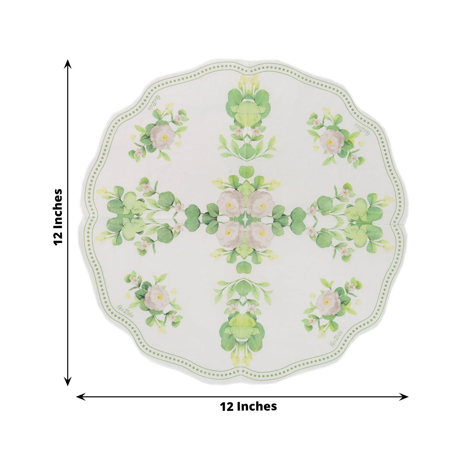 25-Pack Round Paper Cocktail Napkins with Floral Greenery and Scalloped Edge White - Disposable 2 Ply Beverage Napkins 12"