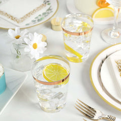 12-Pack Plastic Party Cups Clear with Rose Gold Rim - Durable Disposable Tumblers for Banquets & Special Occasions 10oz
