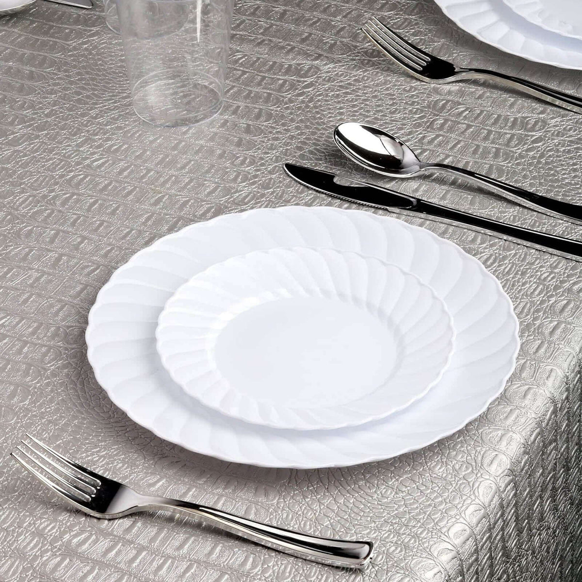 12-Pack Plastic Dessert Plates Glossy White Swirl Rim - Lightweight Round Salad Plates 6"