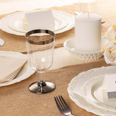 12-Pack Plastic Wine Glasses Clear with Chrome Silver Rim - Stylish Short Stem Disposable Cups for Parties 6oz