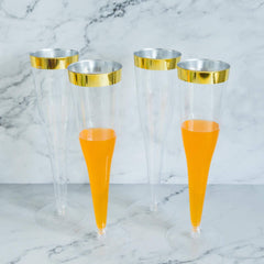 12-Pack Plastic Champagne Flutes Clear/Gold Hollow Stem - Stylish Disposable Glasses with Detachable Base for Toasts 6oz