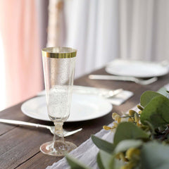 12-Pack Plastic Champagne Flutes Clear Gold Glittered with Gold Rim - Stylish Disposable Cocktail Glasses for Parties 5oz 6"