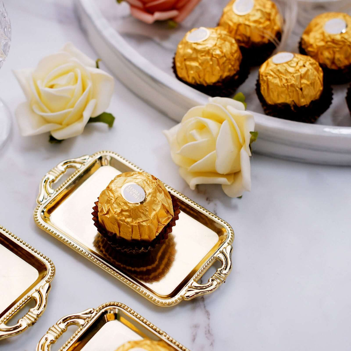 12-Pack Display Trays Party Favor Rectangular Design Gold - Mini Serving Platters for Candy and Desserts 4"